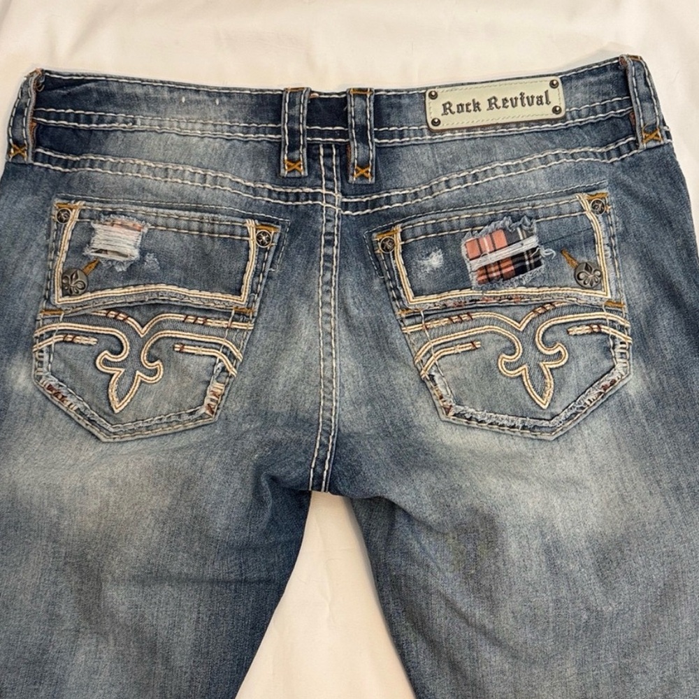 Rock Revival Cameo Bootcut Jeans Women’s 34 Distressed Thick Stitch